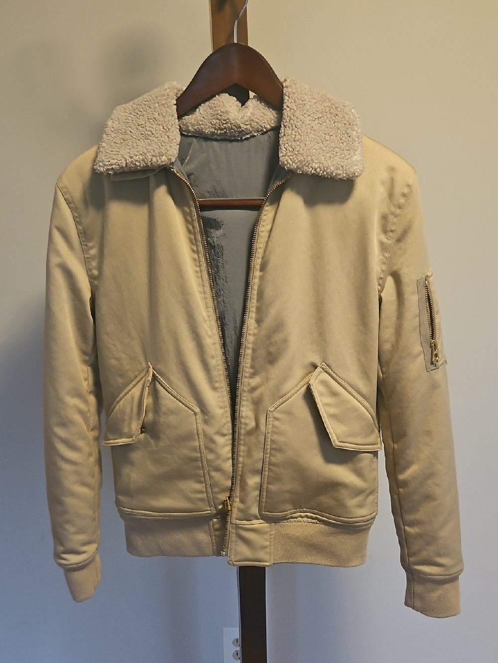 Closed Mens Beige Bomber Jacket with Sherpa Collar XS